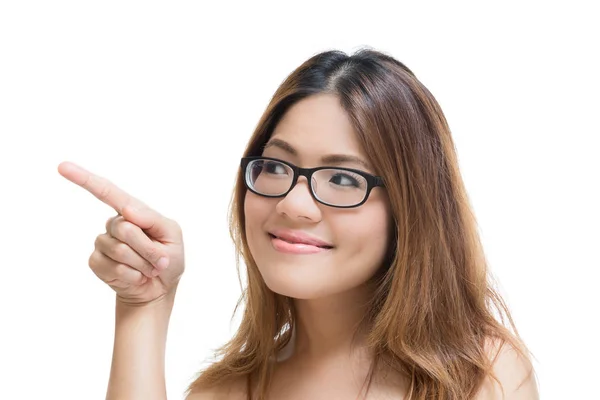 Asiatische Frau zeigt mit dem Finger — Stockfoto