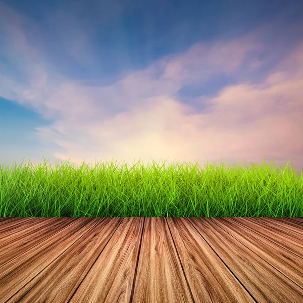 Suelo de madera con hierba verde — Foto de Stock