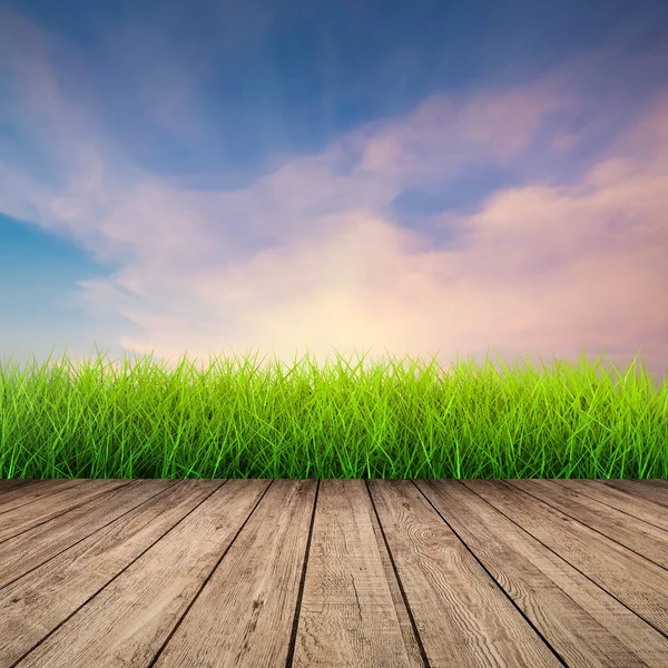 Suelo de madera con hierba verde — Foto de Stock