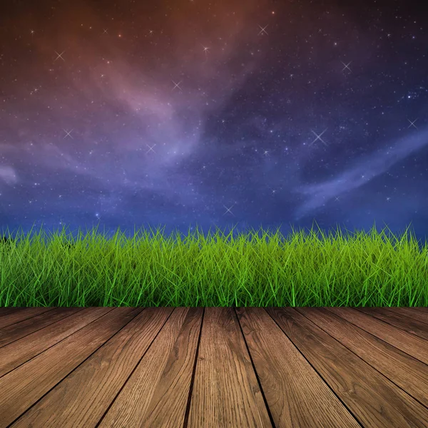 Piso de madera con hierba verde por la noche — Foto de Stock