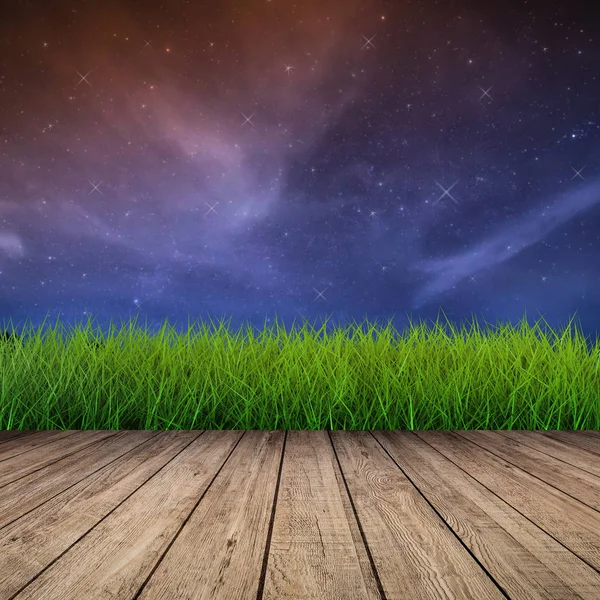 Piso de madera con hierba verde por la noche — Foto de Stock