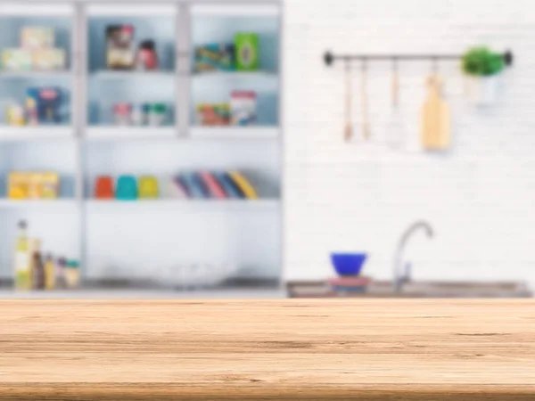 wooden counter with kitchen cabinet background