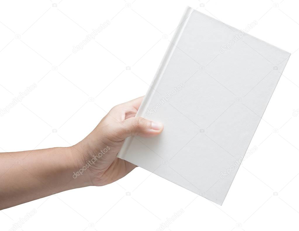 hand holding white blank book 