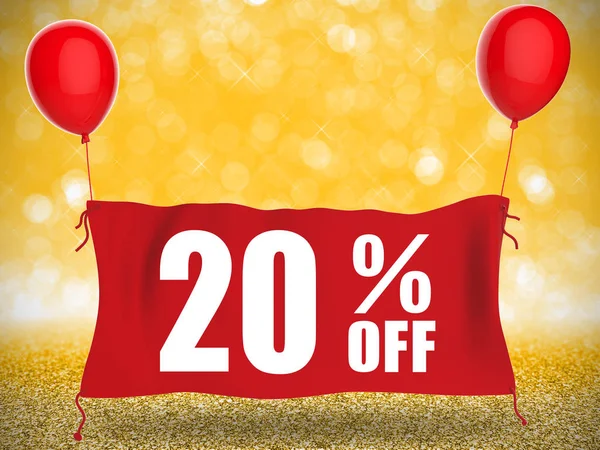20% off banner em pano vermelho com balões vermelhos — Fotografia de Stock