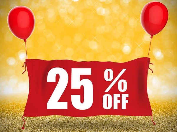 25% off banner em pano vermelho com balões vermelhos — Fotografia de Stock