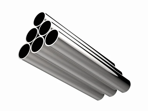 Montão de tubos de metal brilhante isolado em branco — Fotografia de Stock