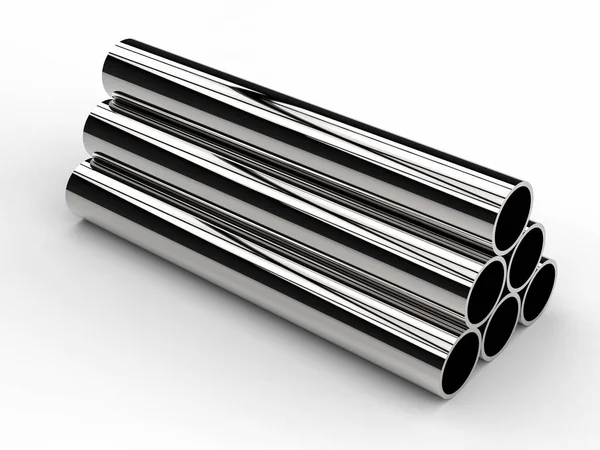Montón de tubos de metal brillante sobre fondo blanco —  Fotos de Stock