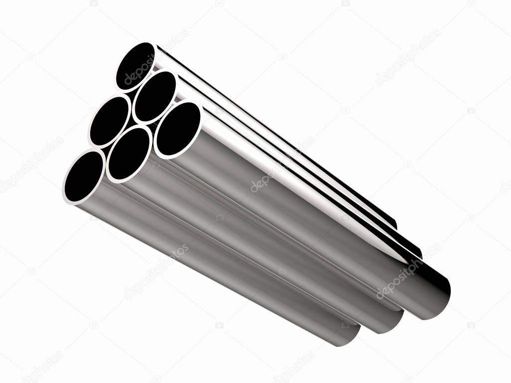 heap of shiny metal pipes isolated on white