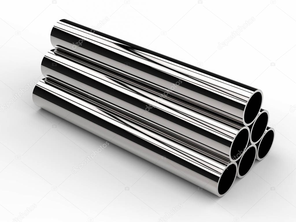 heap of shiny metal pipes on white background