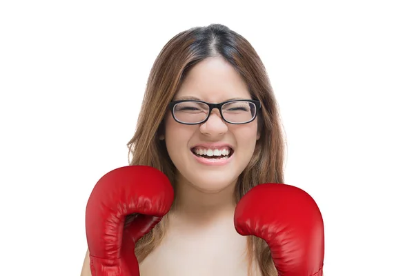 女性の赤いボクシング グローブとの戦い — ストック写真
