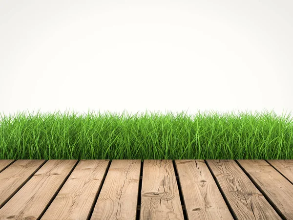 Piso de madera con hierba verde sobre fondo blanco — Foto de Stock