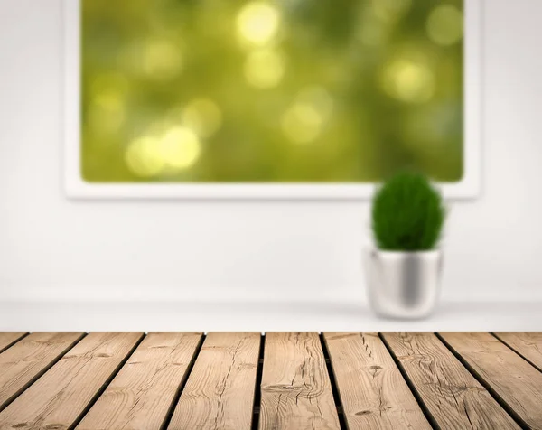Wooden counter with greenery view from window — Stock Photo, Image