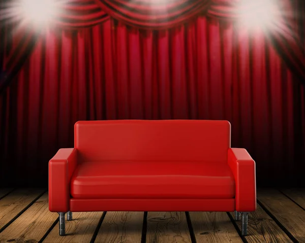 Sahne Alanı'nda 3D Render kırmızı kanepe — Stok fotoğraf