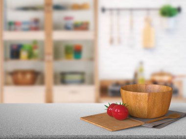 Granit tezgah üstü domates ve ahşap kase 