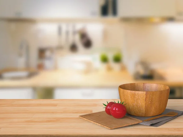 Holzarbeitsplatte mit Tomate und Holzschale — Stockfoto