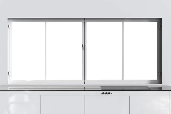 Порожня стільниця з віконними рамами на кухні — стокове фото
