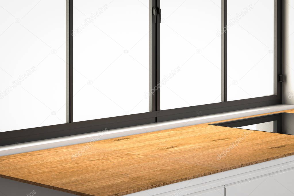 empty countertop with window frames in kitchen