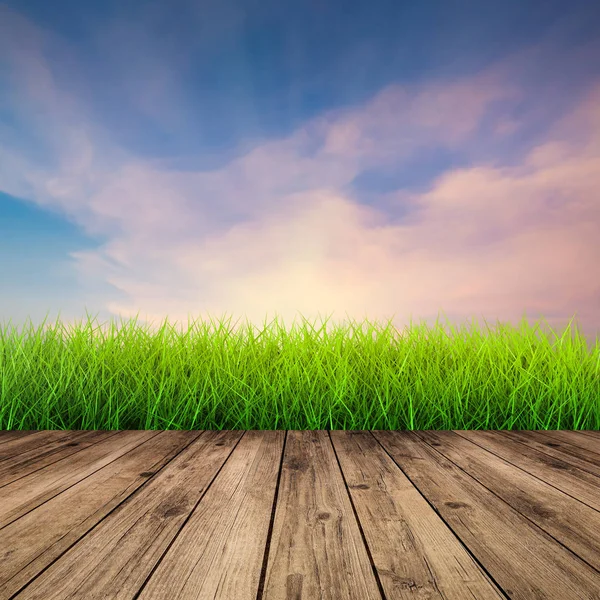 Lantai kayu dengan rumput hijau — Stok Foto