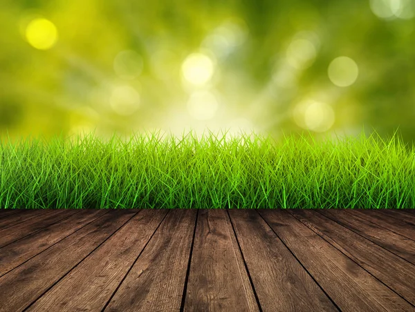 Dřevěná podlaha s trávou — Stock fotografie