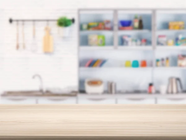Houten tegenbovenkant met keuken achtergrond — Stockfoto