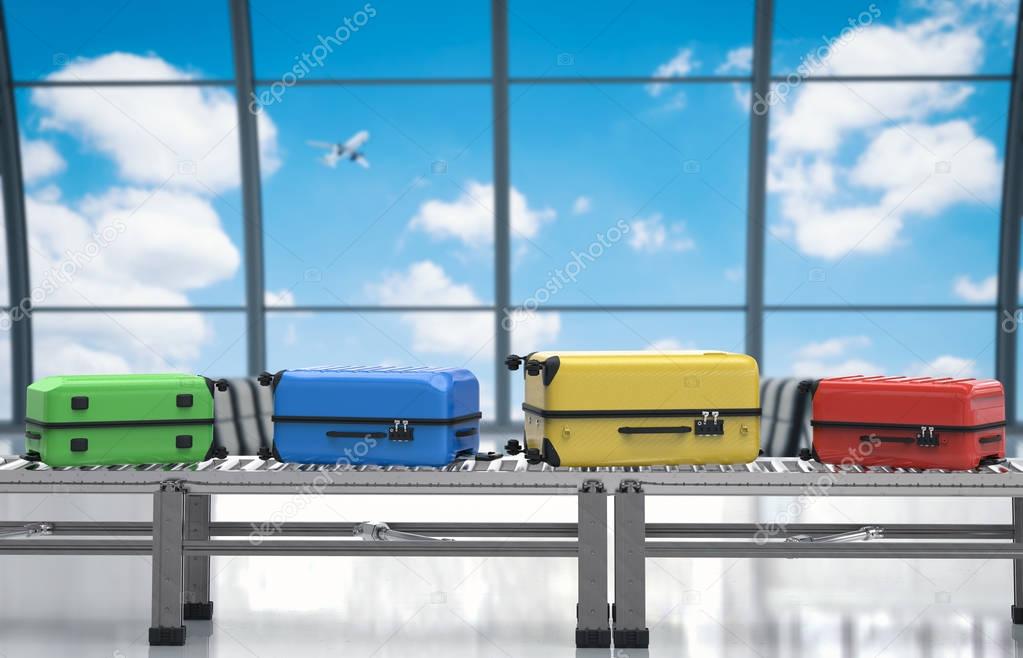 colorful luggages on conveyor belt