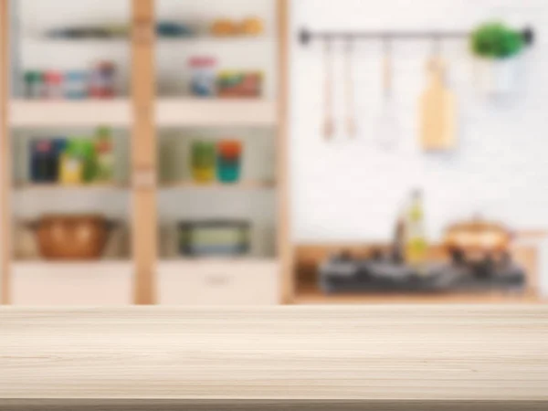 Encimera de madera con fondo de cocina — Foto de Stock