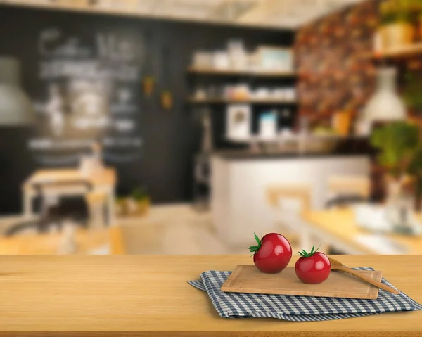 Wooden counter top with tomato and chopping board — Stock Photo, Image