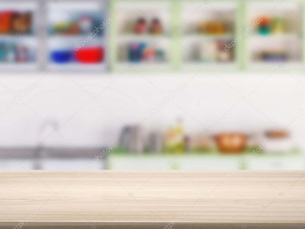 wooden counter top with kitchen background