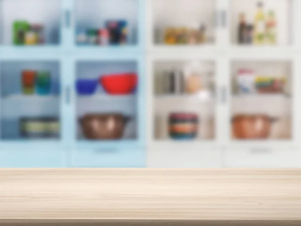 Encimera de madera con fondo de cocina — Foto de Stock