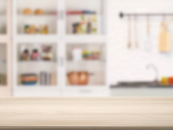 wooden counter top with kitchen background