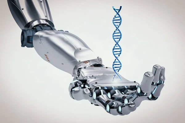 Mano robótica sosteniendo la hélice de ADN — Foto de Stock