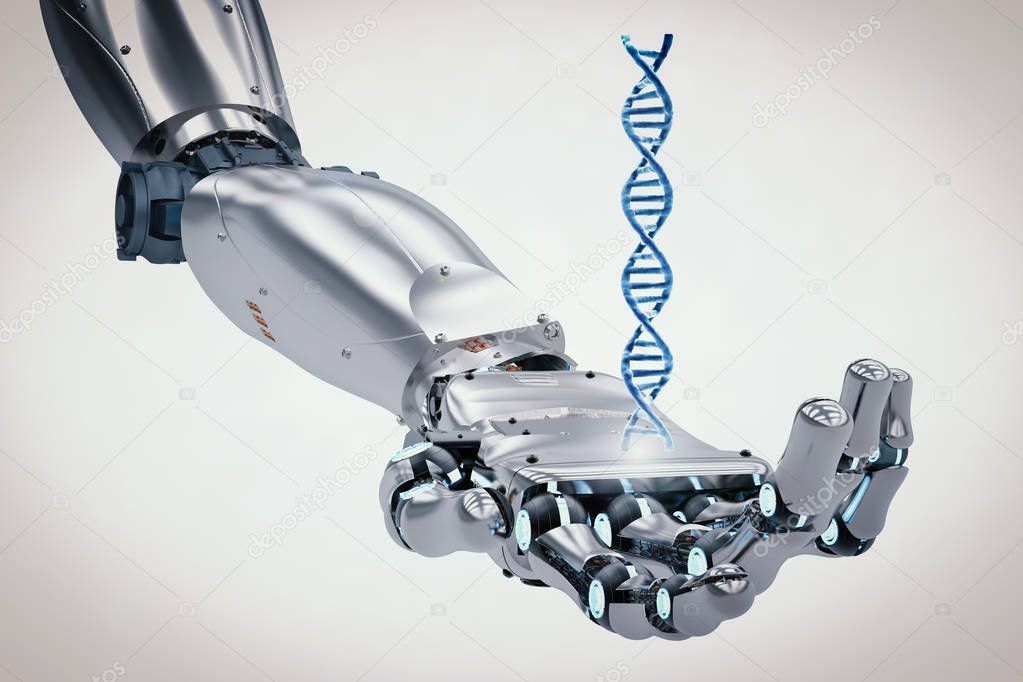 robotic hand holding dna helix