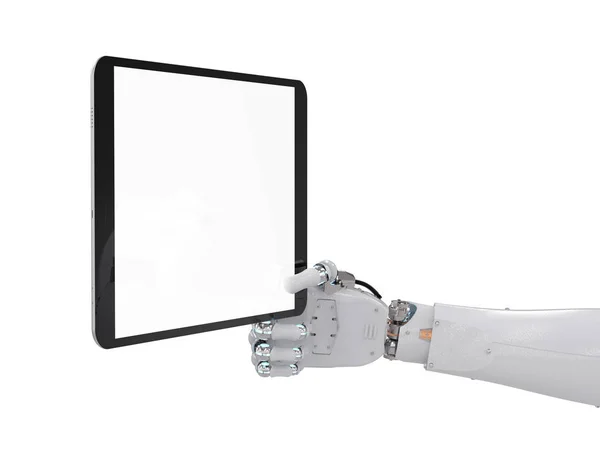 Robotic hand holding blank screen — Stock Photo, Image