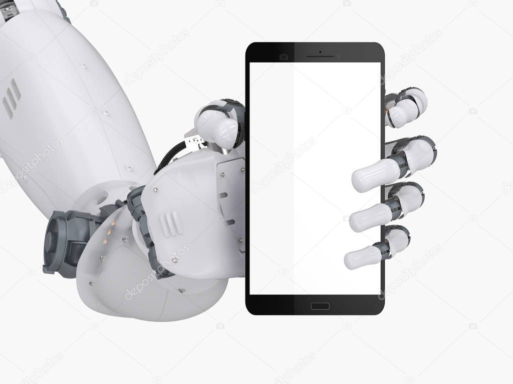 robot hand holding blank screen mobile phone