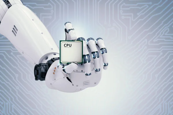 มือหุ่นยนต์ถือชิป cpu — ภาพถ่ายสต็อก