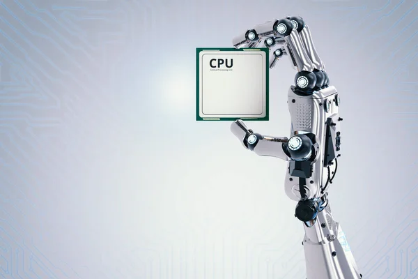 Mão robô segurando chip cpu — Fotografia de Stock