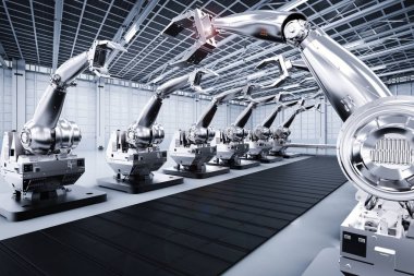 Konveyör hattı ile robot savaş silahları