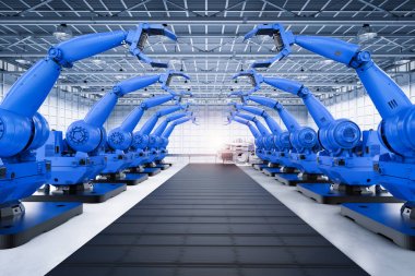 Konveyör hattı ile robot savaş silahları