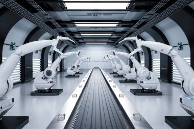 Konveyör hattı ile robot savaş silahları