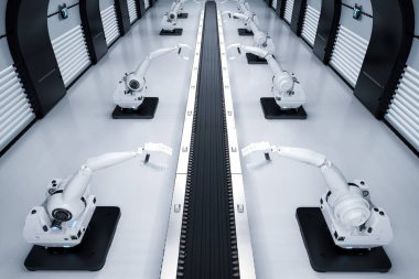 Konveyör hattı ile robot savaş silahları
