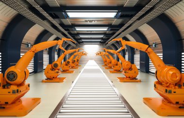 Konveyör hattı ile robot savaş silahları