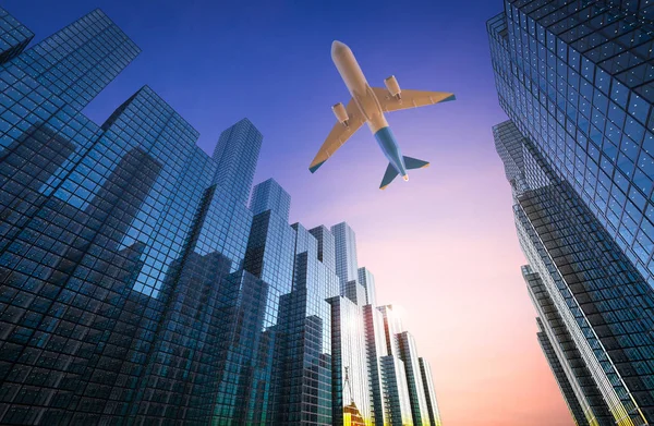 Flygplan som flyger över byggnad — Stockfoto