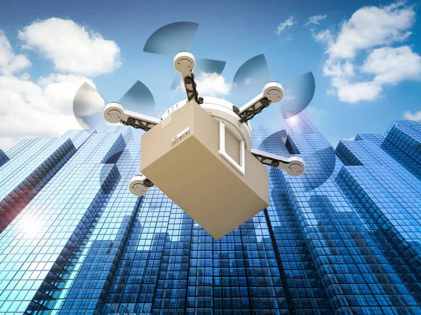 Dron de entrega volando en la ciudad —  Fotos de Stock