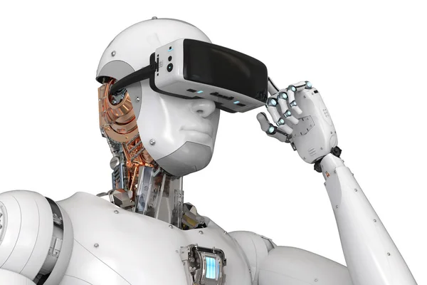 Robô android usando fone de ouvido vr — Fotografia de Stock