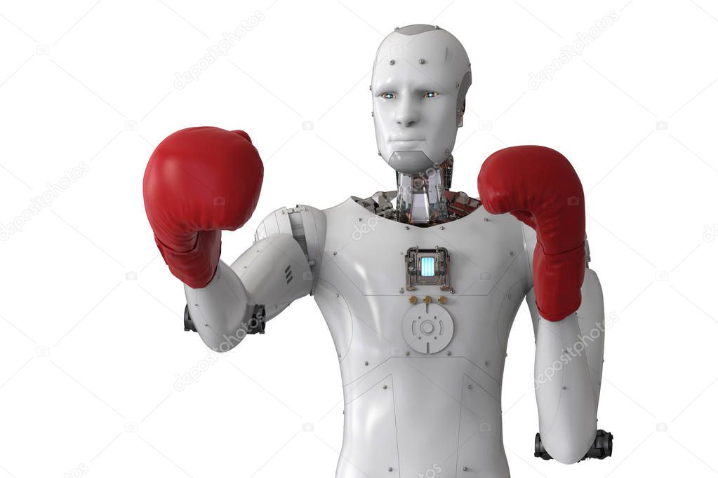 android robot wearing red boxing gloves