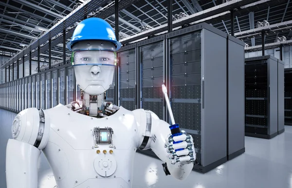 Robot werken in serverruimte — Stockfoto