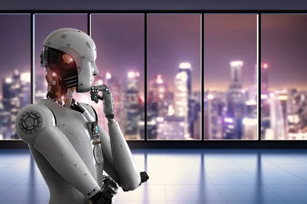 Robot androide pensando en la oficina —  Fotos de Stock