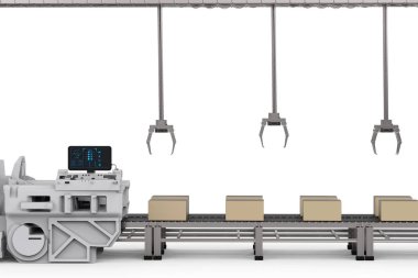 Konveyör fabrikasında kutulara robot kolları