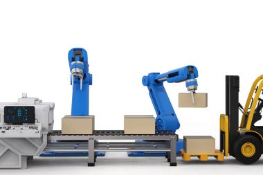 robot silah karton kutular ve forklift kamyon ile çalışma
