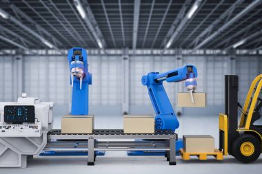 robot silah karton kutular ve forklift kamyon ile çalışma